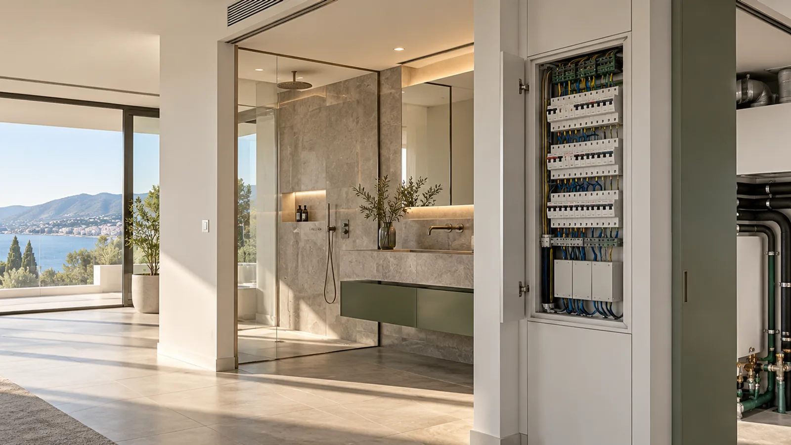 Intérieur contemporain réunissant électricité, plomberie et confort climatique